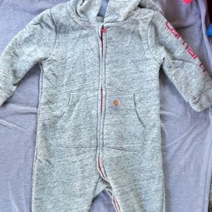 Infant Carhartt bodysuit with hood.